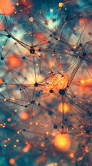 Aufkleber - Complex network of neurons exchanging data, generating a vibrant futuristic bokeh effect with glowing lights in orange and blue hues