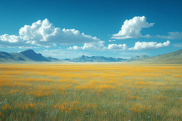 Wall Mural - Golden Meadow Under a Blue Sky and Mountains