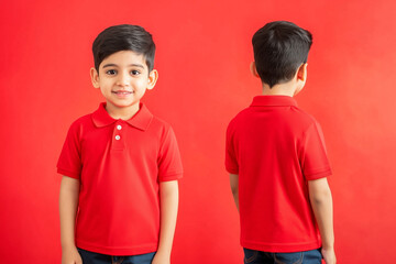 Wall Mural - boy wearing a red polo tee shirt mockup front and back used as a design template