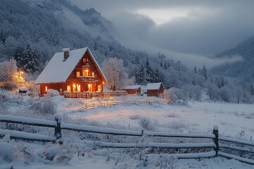 Wall Mural - Illuminated Winter Cabin Nestled In Snowy Mountains