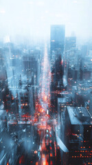 Fototapete - Blurred car lights streaking past illuminated skyscrapers capturing nighttime urban energy in long exposure New York City skyline view