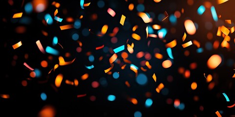 Colorful confetti falling against a dark background, creating a festive atmosphere.