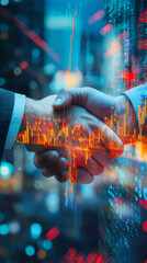Poster - Businessmen handshaking near holographic stock market data visualization, representing corporate partnership with urban background
