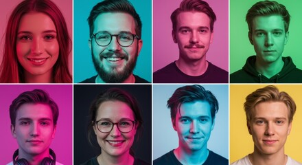 A collage of different portraits of young people arranged in a grid, each with a neon-like effect, creating a vibrant and colorful mood

