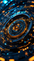 Fototapete - Complex circular technological device emitting orange and blue light, futuristic technology and innovation concept