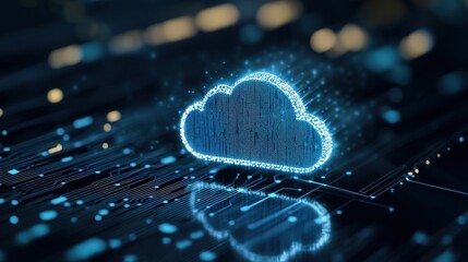Poster - Abstract conceptual image of a glowing digital cloud symbol surrounded by dynamic data streams representing the interconnectivity of cloud computing technology