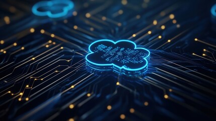 Poster - Futuristic Digital Cloud Computing Graphic Representing Data Connection and Processing with Abstract Circuit Board Background in Blue and Yellow Hues