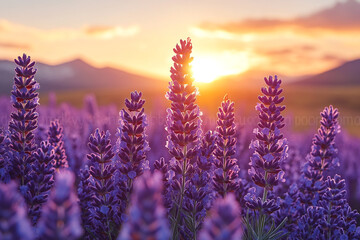 Poster - Lavender Flowers Sunset Golden Hour Landscape