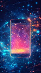 Aufkleber - Mobile phone showing colorful lines and lights representing global connectivity and communication technology