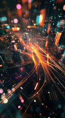 Leinwandbilder - Light trails and colorful bokeh creating a network over a futuristic city at night, symbolizing data transmission and connectivity in a smart city