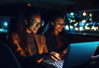 Wall Mural - Two business women sitting in the back seat of an SUV, looking at their laptops and smiling while they work together on digital marketing in night time street lighting