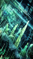 Poster - Complex financial data and charts flow across a computer screen, creating a dynamic visualization of market trends and investment analysis