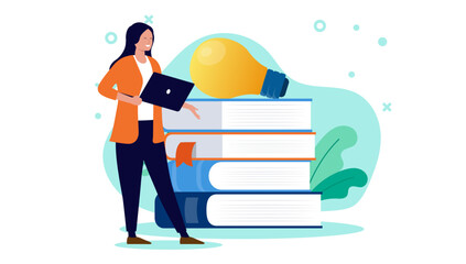 Leinwandbilder - Adult woman student - Female person character with computer laptop taking education and course, standing with school books smiling and big idea light bulb on white background