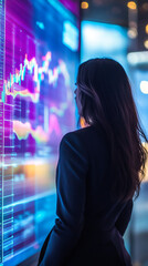Poster - Businesswoman looking at interactive screen analyzing financial data, stock market and cryptocurrency, business and technology concept