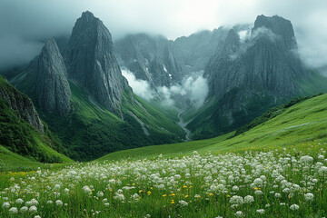 Wall Mural - Majestic Mountain Peaks Enveloping a Verdant Meadow