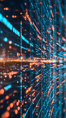 Fototapete - Digital code streaming across virtual landscape, blurred cityscape illuminating complex technological network of big data processing and software engineering