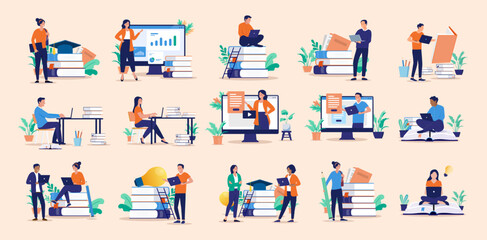 Leinwandbilder - Education and study illustrations collection - Vector set bundle of various students reading, learning, taking courses and doing school work with books and computers in flat design style
