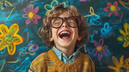 Wall Mural - A young boy wearing glasses and a yellow sweater is smiling and laughing