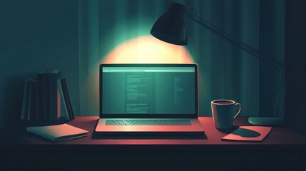 Nighttime laptop coding scene.
