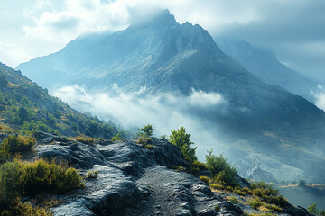 Wall Mural - Majestic Mountain Peak with Foggy Valley Trail