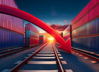 Poster - A large red arrow points downward over a railway track lined with shipping containers, symbolizing a decline in global trade and economic downturn at sunset.