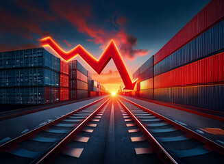 Poster - A dramatic sunset casts an ominous glow on a railway line flanked by shipping containers. A large red arrow plunges downwards, symbolizing economic decline and global trade downturn.