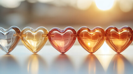 Wall Mural - A peaceful image of heart-shaped glass beads arranged in a row on a white surface, illuminated by warm natural light