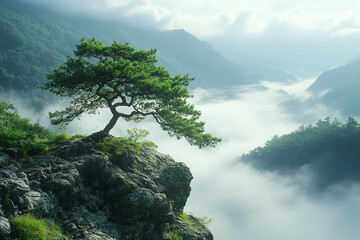 Wall Mural - Solitary Pine Tree on Mountaintop Cliff Above Clouds