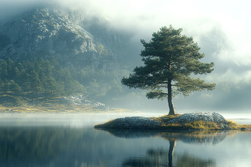 Wall Mural - Solitary Pine Tree on Misty Mountain Lake Island