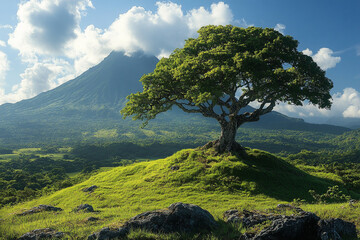 Wall Mural - Majestic Tree Stands Alone on Hillside Mountain View