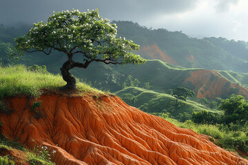 Poster - Blossoming Tree on a Red Clay Hillside