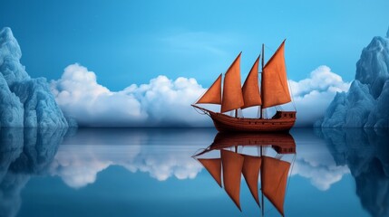 Poster - A vibrant sailing ship with orange sails glides serenely across calm waters, surrounded by clouds and icy formations under a clear blue sky.