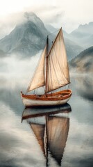 Poster - A serene sailboat glides across a misty lake, surrounded by majestic mountains, creating a tranquil reflection on the water's surface.