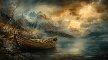 Wall Mural - A serene landscape featuring a rustic boat near calm waters, surrounded by mountains and dramatic clouds at sunset.