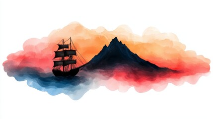 Sticker - A watercolor painting featuring a ship sailing near a majestic mountain at sunset, with vibrant colors blending in the sky and water.