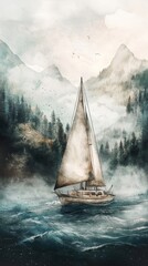 Poster - A serene watercolor painting of a sailboat navigating through misty waters, surrounded by towering mountains and lush forests.