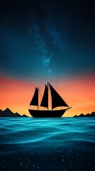 Sticker - A silhouette of a sailboat glides across shimmering waters under a starry sky, with vibrant sunset colors illuminating the horizon.