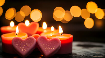 Wall Mural - A soft-focus shot of heart-shaped candles glowing gently in the dark, with soft bokeh lights in the background creating a peaceful ambiance