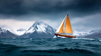 Poster - A vibrant sailboat with an orange sail navigates turbulent waters, surrounded by snow-capped mountains under a dramatic, cloudy sky.