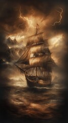 Poster - A dramatic ship sails through turbulent waters under a stormy sky, illuminated by flashes of lightning, evoking a sense of adventure and mystery.