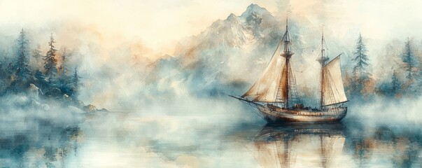 Wall Mural - A serene watercolor painting of a ship sailing through misty waters, surrounded by mountains and forest, evoking a tranquil and mysterious atmosphere.