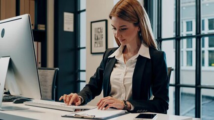 Fototapete - Professional woman engaged in work at modern office desk with computer