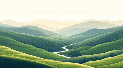 Poster - Serene landscape with winding river through green hills and mountains under soft light.