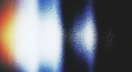 Fototapete - A grainy, dark abstract gradient background with blurred edges, showcasing pink, orange, blue, and black hues, and providing copy space.