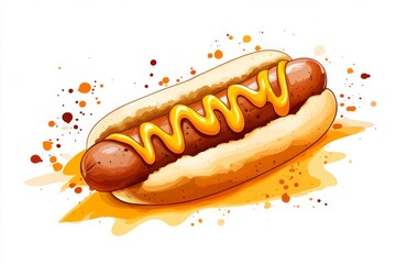 Poster - A flat 2D illustration of a wurst sausage in a bun, topped with zig-zag mustard, drawn with vibrant colors on a clean white background