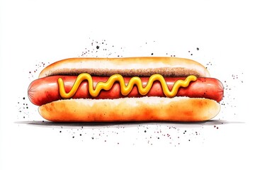 Poster - A flat 2D illustration of a wurst sausage in a bun, topped with zig-zag mustard, drawn with vibrant colors on a clean white background