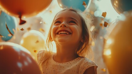 Poster - Happy girl surrounded by colorful balloons and confetti.