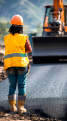 Aufkleber - African american woman in safety vest, hardhat overseeing road construction workers performing pavement work