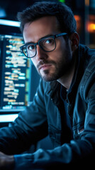 Leinwandbilder - Focused software developer coding intently on a computer in a dimly lit office, immersed in the world of programming and technology