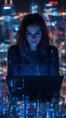 Fototapete - Young female programmer using laptop with digital overlay effect, working late at night with a cityscape in the background